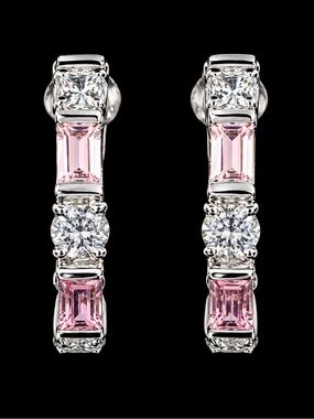 925 Sterling Silver Pink & Clear Crystal Hoop Earrings, NWOT